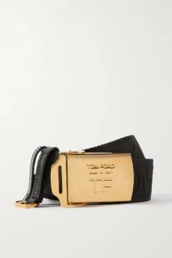 Deals 😉 TOM FORD Leather-trimmed Logo-jacquard Belt In Black 👍
