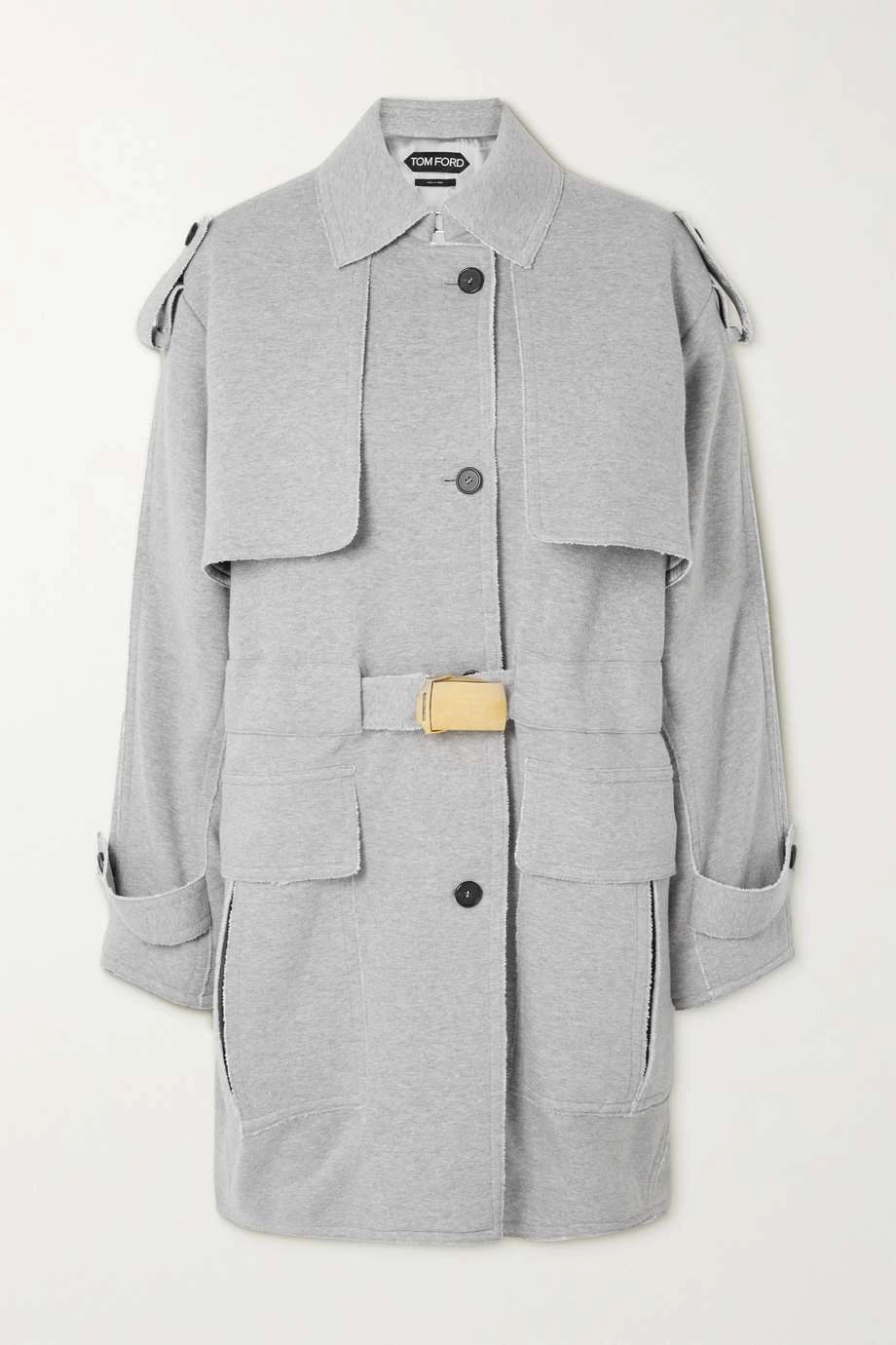 Cheap 😀 TOM FORD Belted Frayed Cotton-jersey Trench 🧥 Coat In Gray ✨
