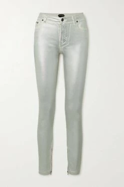 Best Pirce 👍 TOM FORD Metallic 🧥 Coated Mid-rise Skinny 👖 Jeans In Silver 🔔