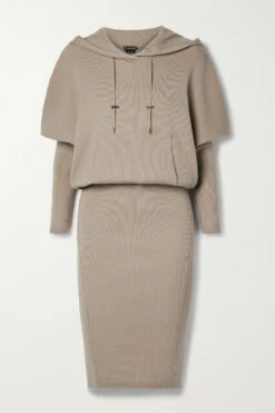 Cheap 😉 TOM FORD Hooded Ribbed Cashmere-blend 👗 Dress In Beige 🎉