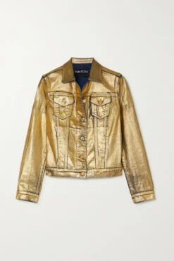 New 🥰 TOM FORD Metallic 🧥 Coated-denim Jacket In Gold 😉