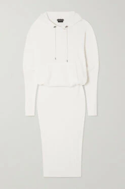 Best deal 👏 TOM FORD Hooded Ribbed Cashmere-blend 👗 Dress In Off-white 🎉
