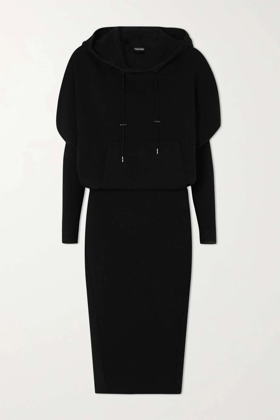New 🔔 TOM FORD Hooded Ribbed Cashmere-blend 👗 Dress In Black 🎉
