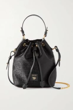 New 😀 TOM FORD Leather-trimmed Logo-jacquard Nylon Bucket Bag In Black ⭐