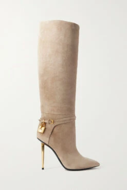 New 👏 TOM FORD Padlock Embellished Suede Knee 🥾 Boots In Beige 🛒