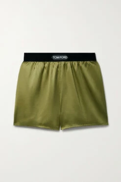Budget ❤️ TOM FORD Velvet-trimmed Stretch-silk Satin Shorts In Army Green 🥰